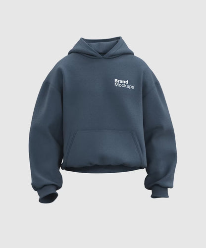 Navy blue hoodie walking animation with 'Brand Mockups' text on a white background