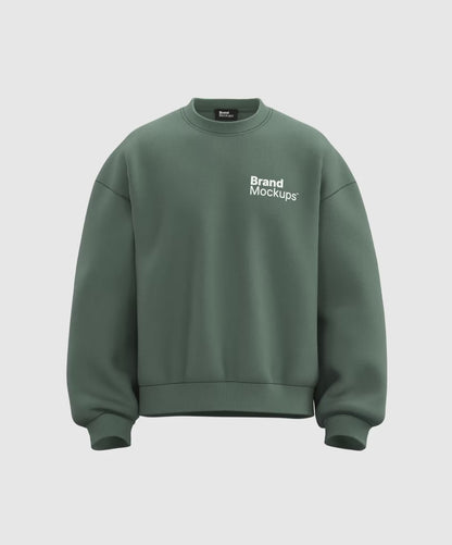 Rotating green sweatshirt with 'Brand Mockups' text on the back against a white background