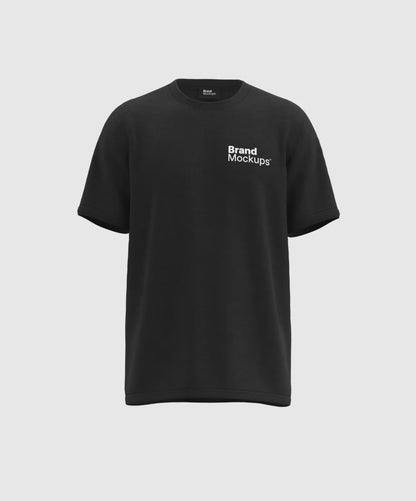 Rotating black t-shirt with 'Brand Mockups' text on a white background