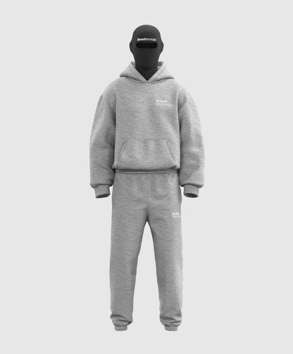 Rotating gray hoodie and pants set with a black mask on a white background
