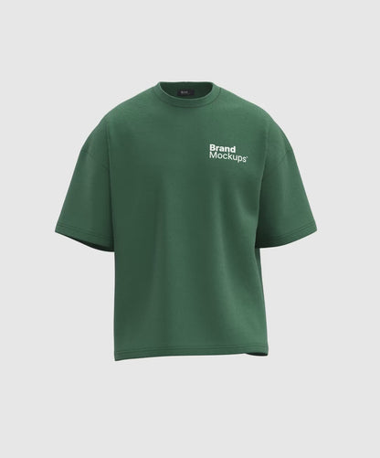 Walking animated green t-shirt with 'Brand Mockups' text on a white background