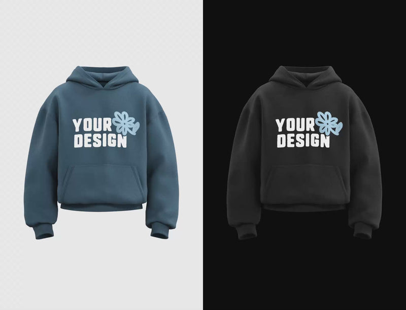 Video showing a rotating navy blue hoodie on the left, and a rotating black hoodie on the right