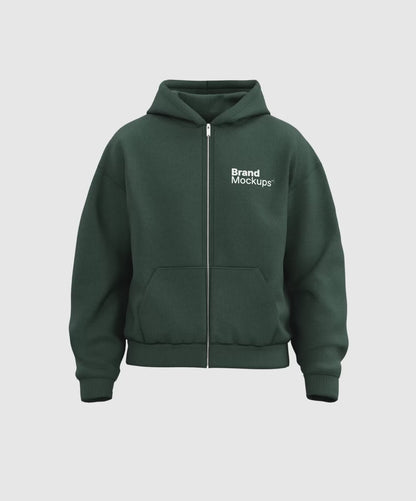 Rotating green hoodie with 'Brand Mockups' text on the back against a white background